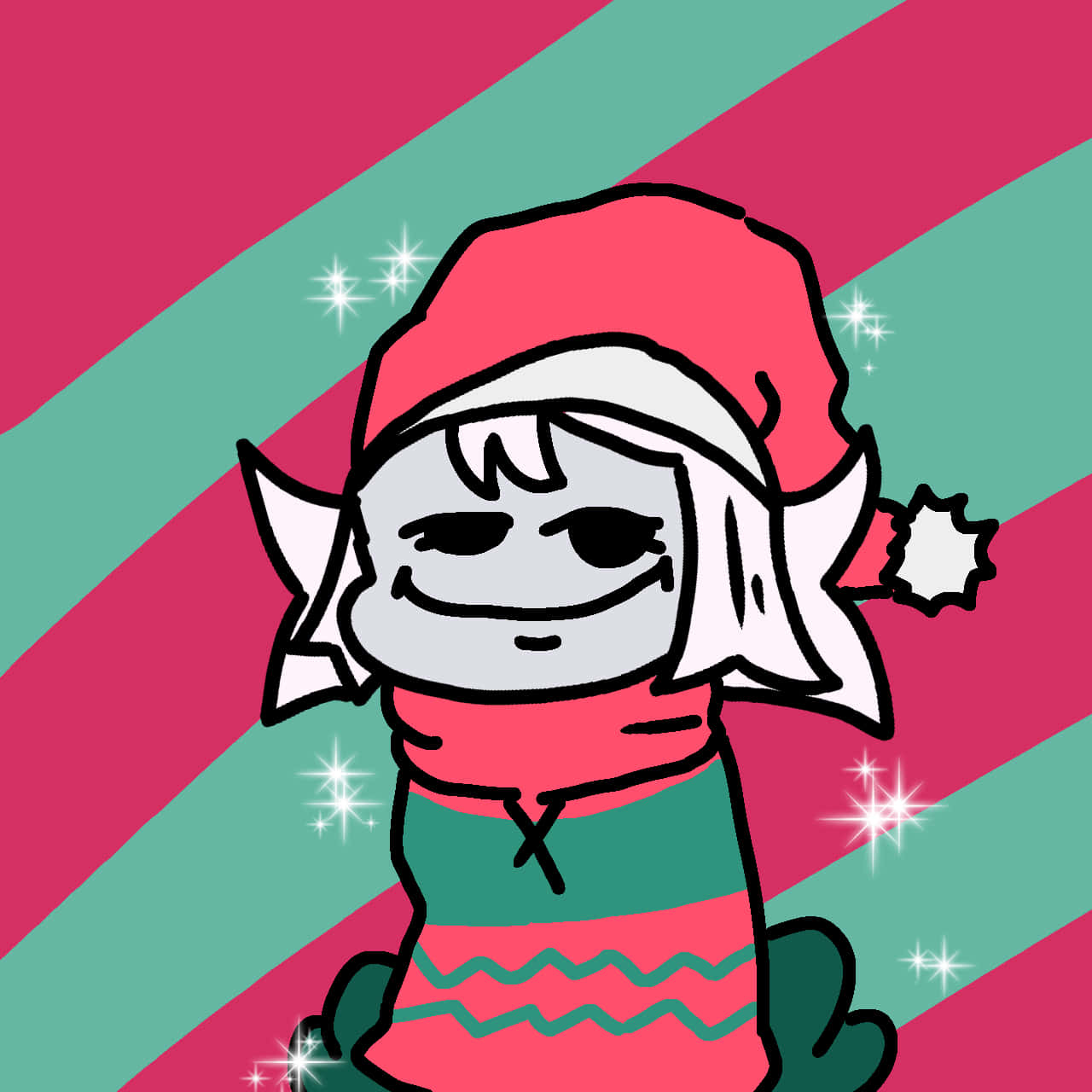 一個戴紅帽穿綠毛衣的卡通精靈微笑，周圍有閃光。