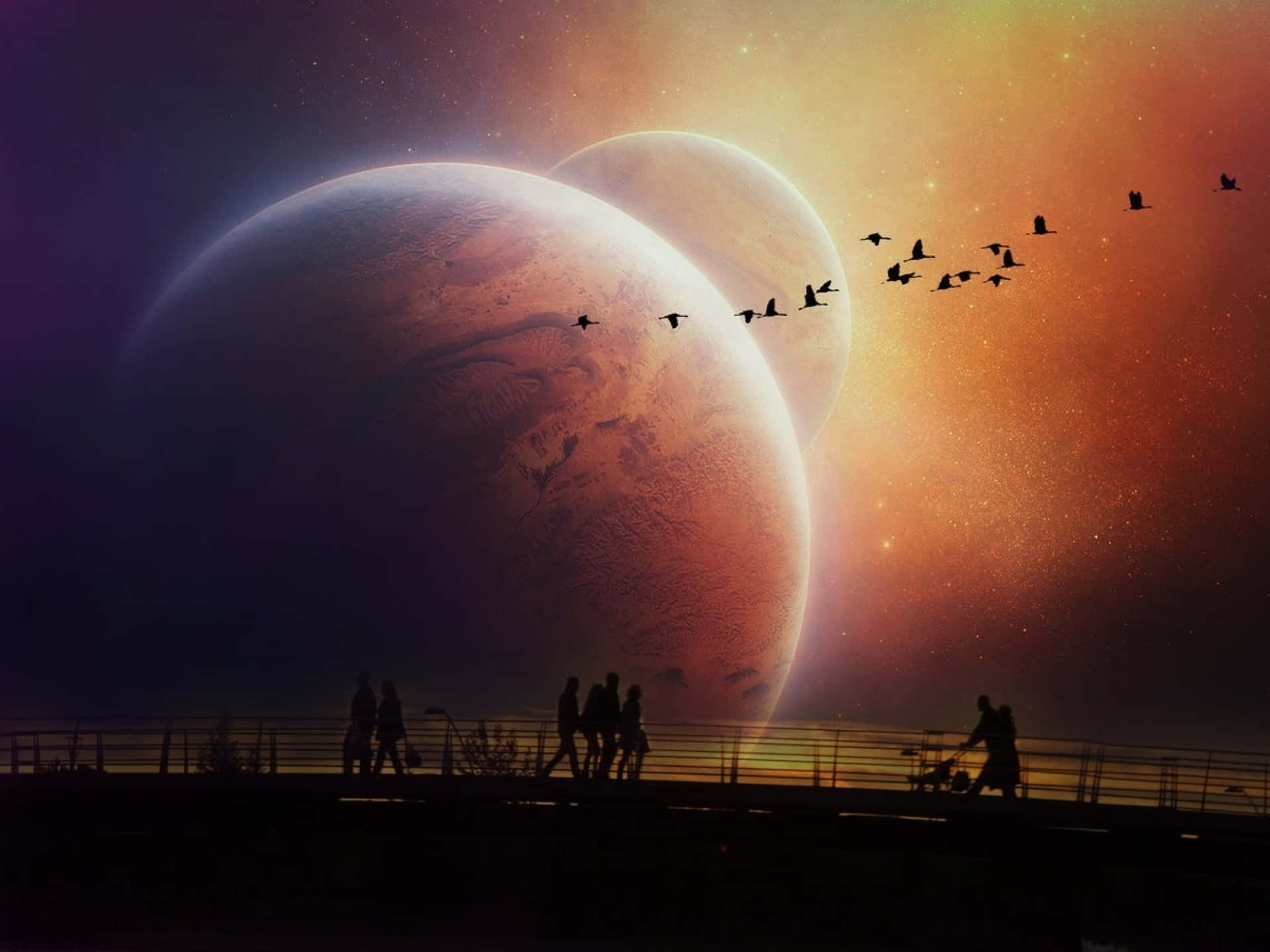 人們和鳥類在黃昏時分在兩個巨大發光行星下的欄杆上漫步。