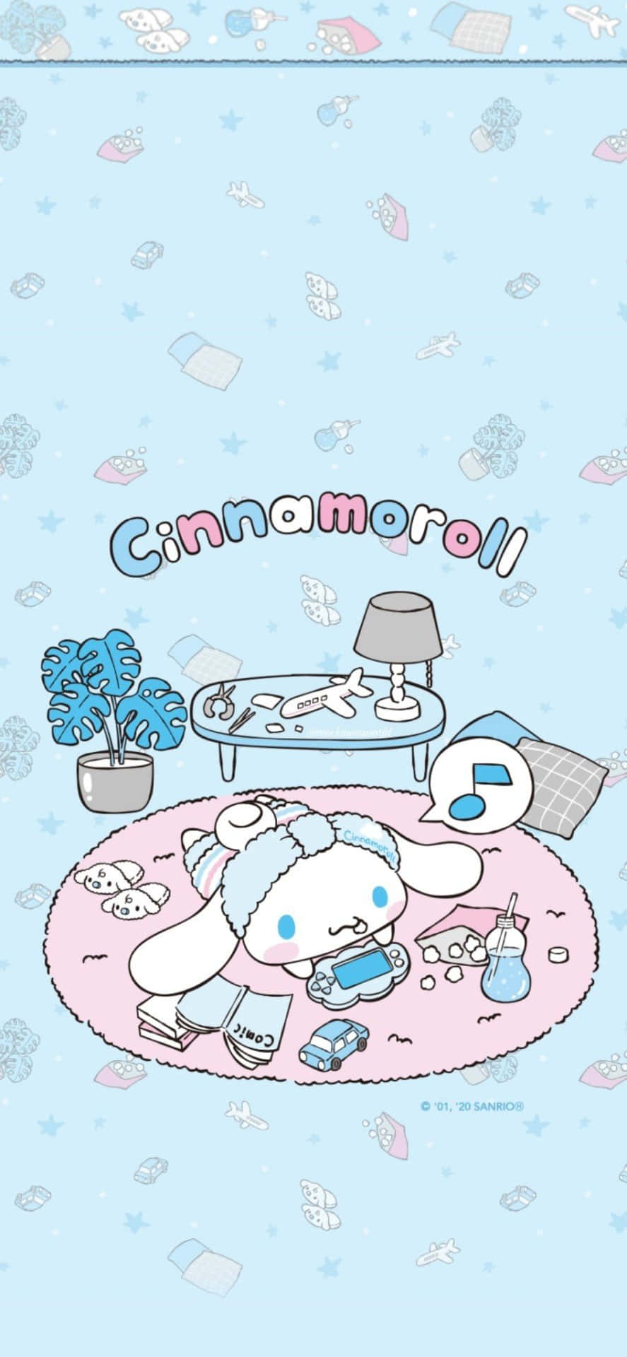 隨身攜帶你最愛的藍色小狗——肉桂捲手機 壁紙 — Cinnamoroll 喺粉紅色地毯上休息，周圍有玩具、書本同細枱，喺一間粉藍色房間入面。