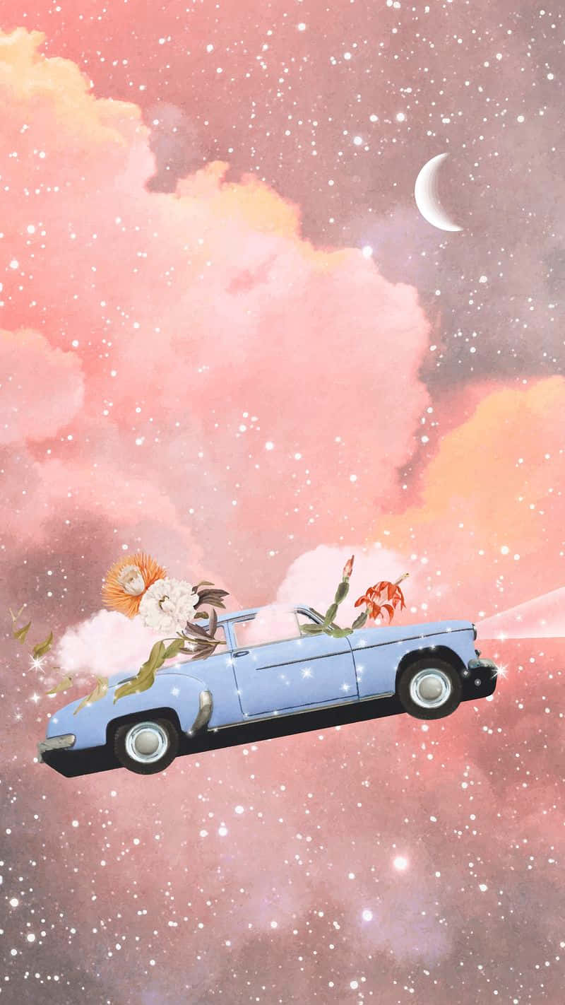 一輛復古汽車漂浮在粉紅色的星空中，有花朵和新月。