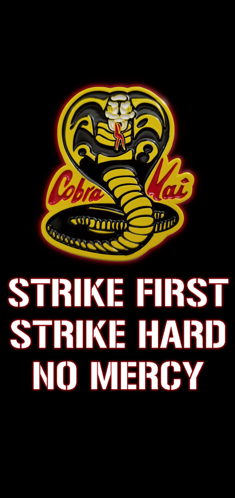 Cobra Kai 標誌，附有粗體標語「strike first strike hard no mercy」。