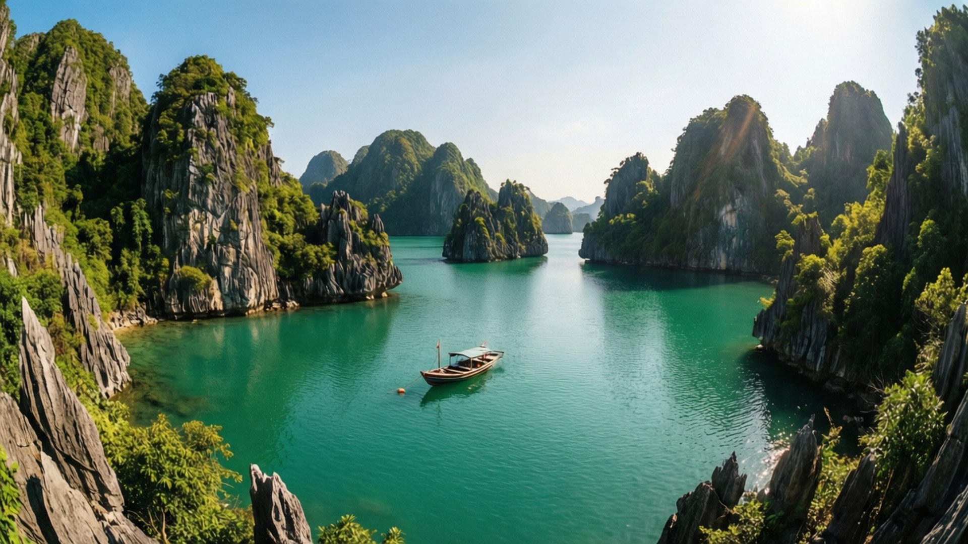一艘小船在碧綠海灣中漂流，兩側是覆蓋著綠色的高聳石灰岩懸崖。
