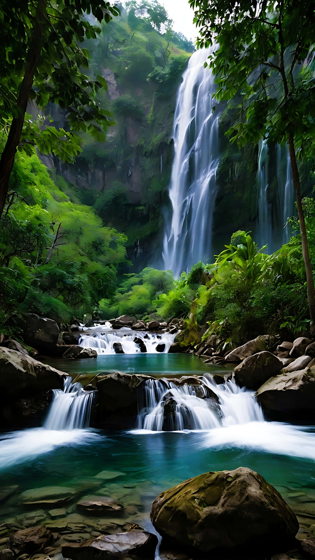 一道高瀑布流入一個清澈的碧綠水池，周圍是茂密的綠色叢林植被和長滿苔蘚的岩石。