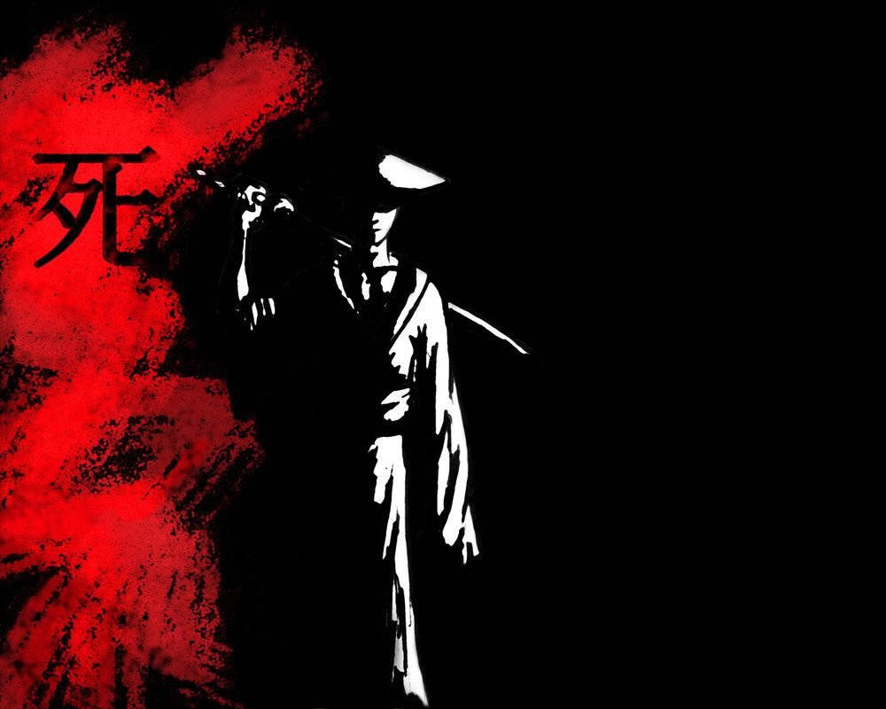 隱身於暗影中的日本武士 壁紙 — 一個鮮明的白色武士剪影，手持劍，站在黑色背景上，帶有醒目的紅色飛濺和代表死亡的漢字。