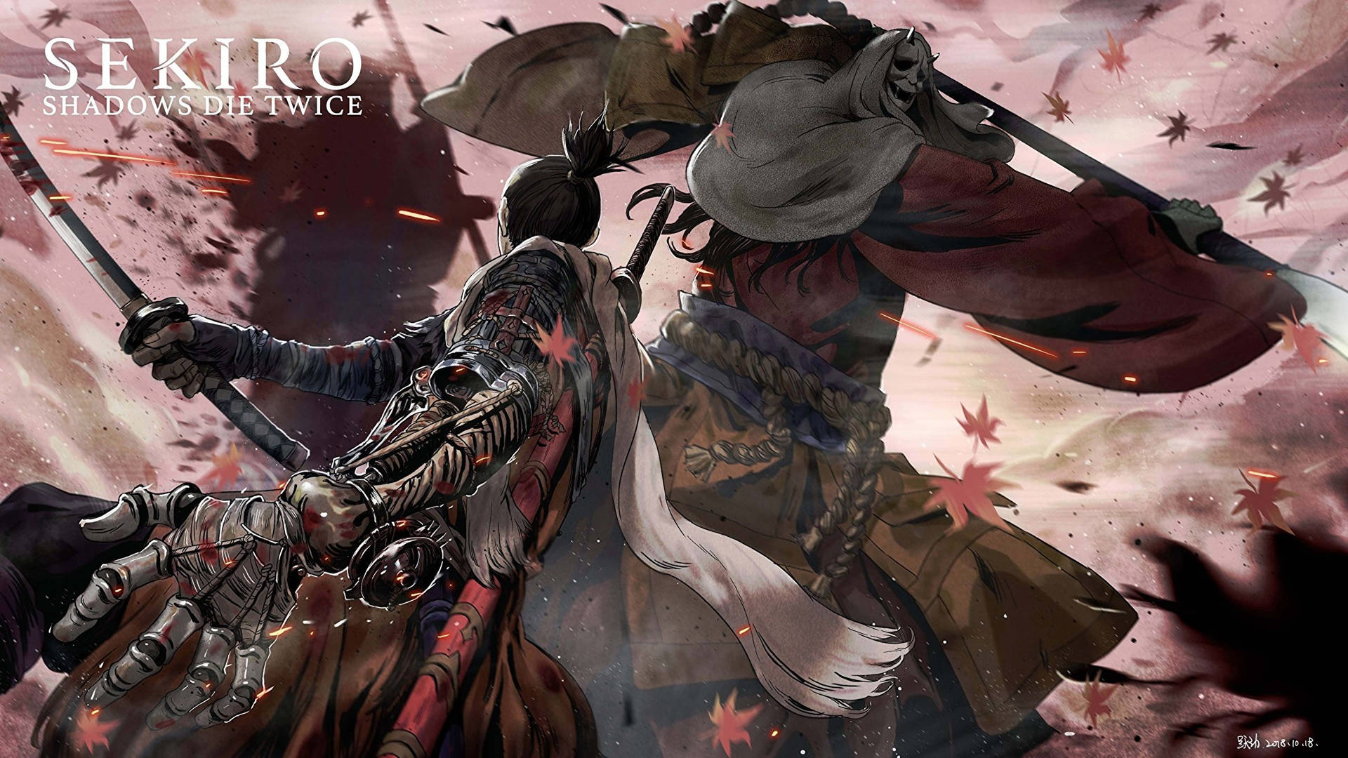 兩名身穿盔甲的武士戰士在血腥的秋季戰鬥場景中用劍戰鬥。