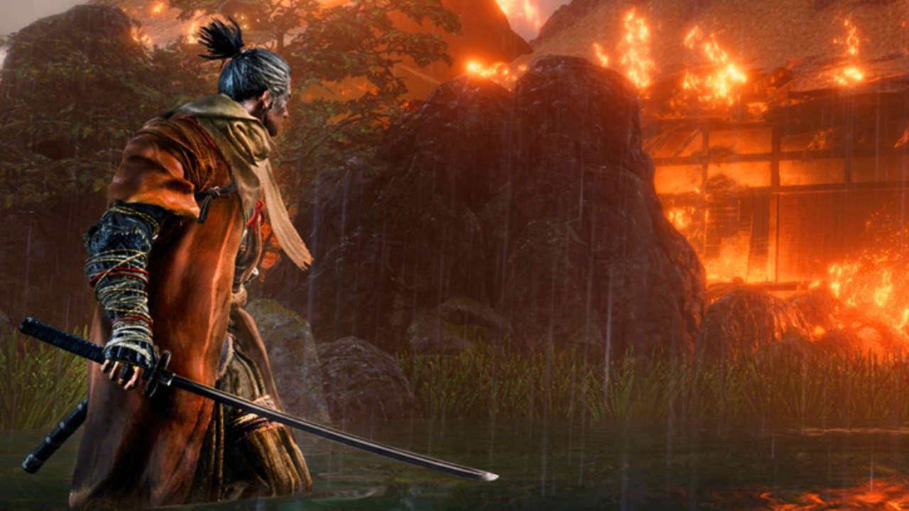 武士戰士在雨中手持劍，身後村莊燃燒。