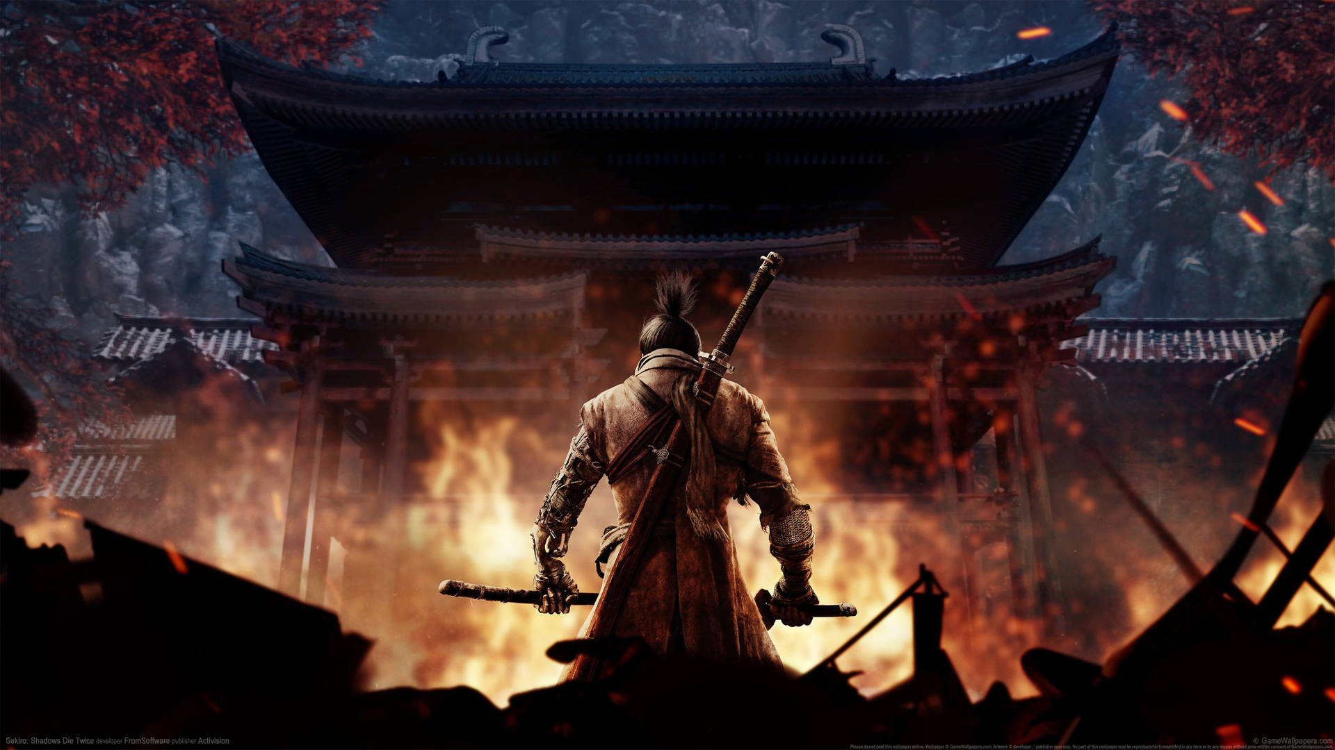武士面對燃燒的寺廟，在激烈的戰鬥場景中。