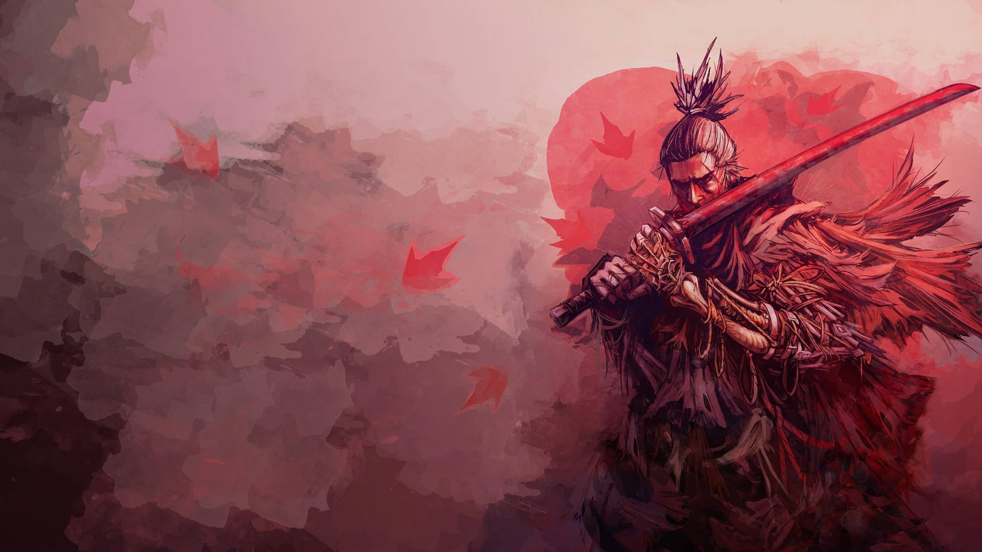 武士持劍，背景為紅色楓葉和天空。
