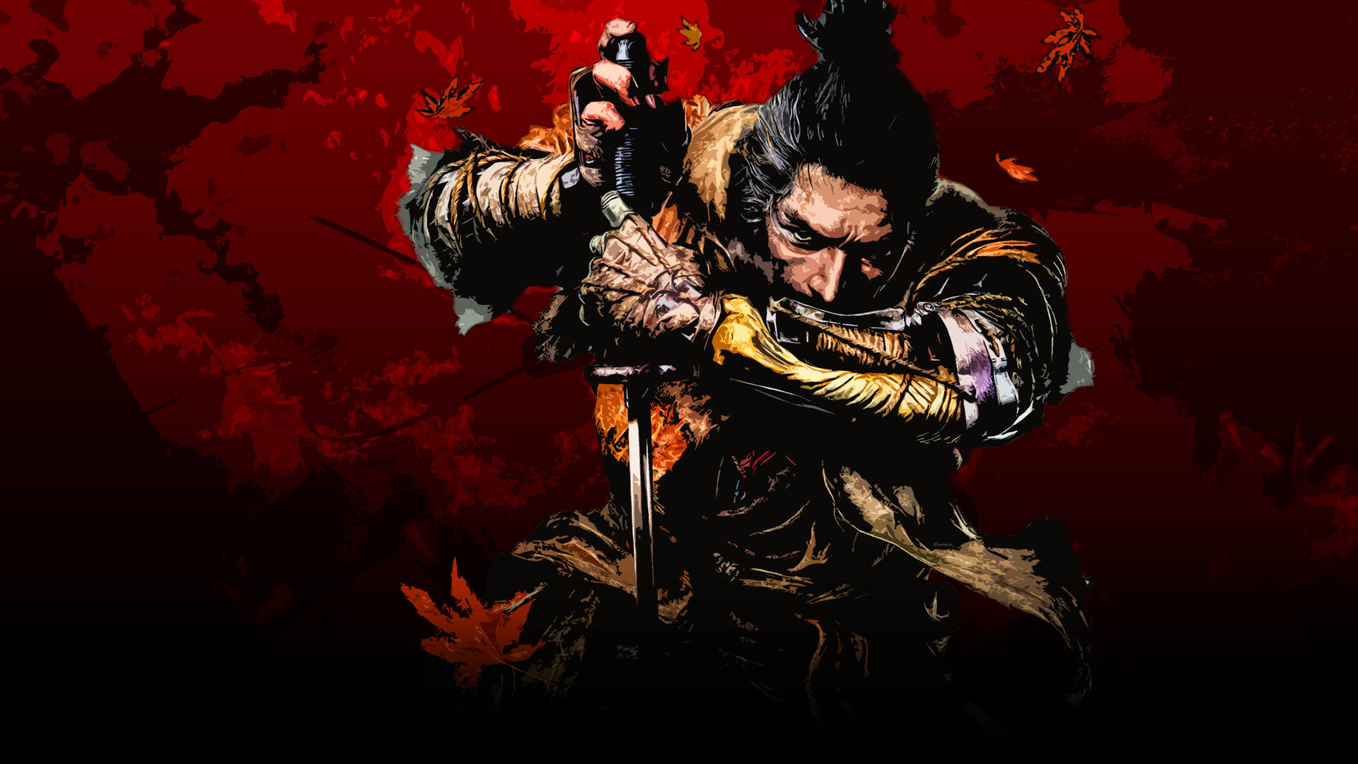 武士戰士在紅色背景下握劍擺出戰鬥姿勢，周圍有落葉