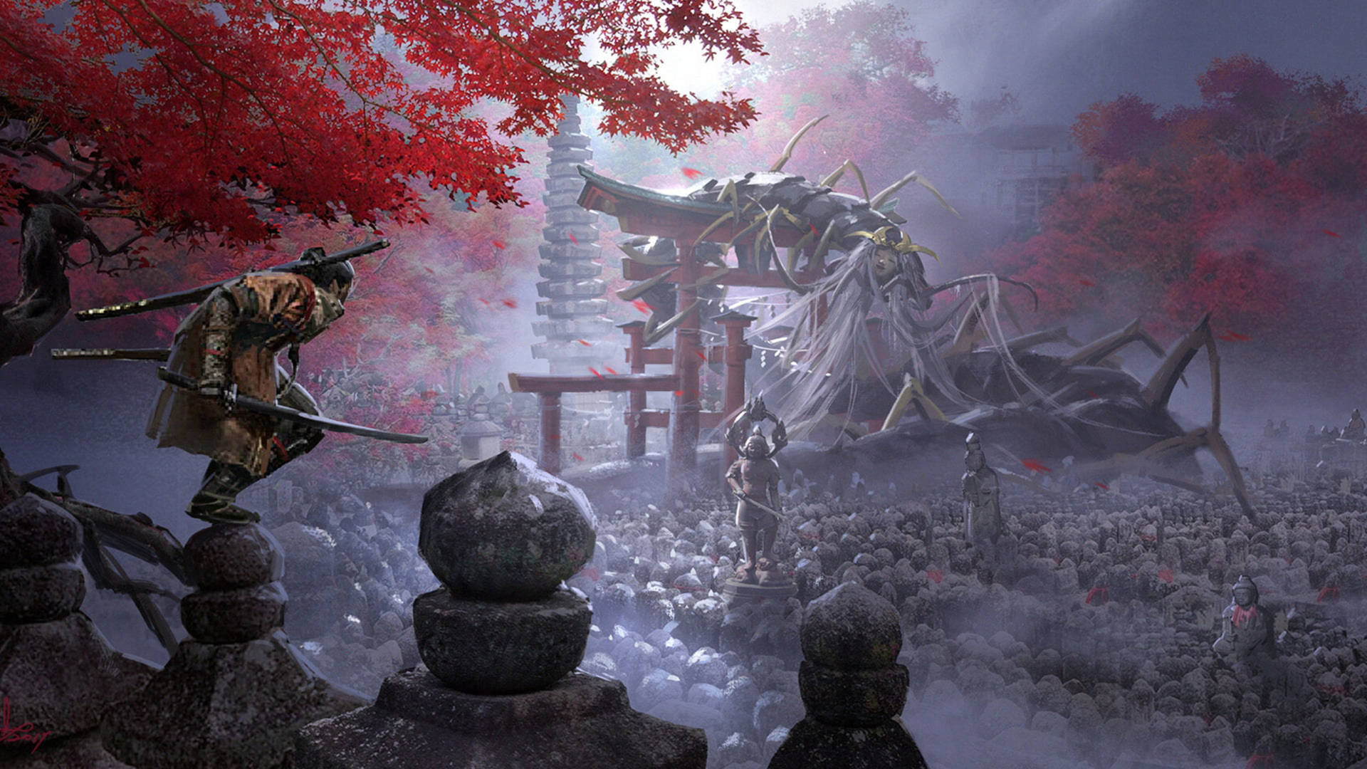 武士戰士在紅色秋葉下的神社門口面對巨型蜘蛛怪物。