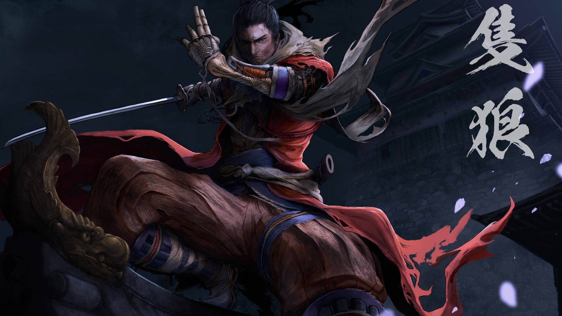 武士戰士披紅色斗篷，在黑暗風暴場景中揮劍，帶有日文文字。