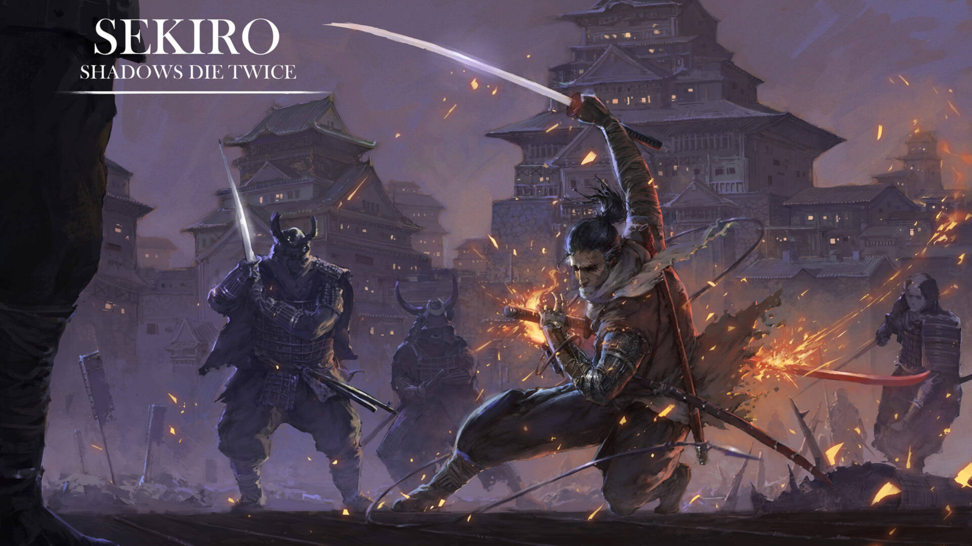 武士武士在夜間城堡中用劍與身穿盔甲的敵人戰鬥。