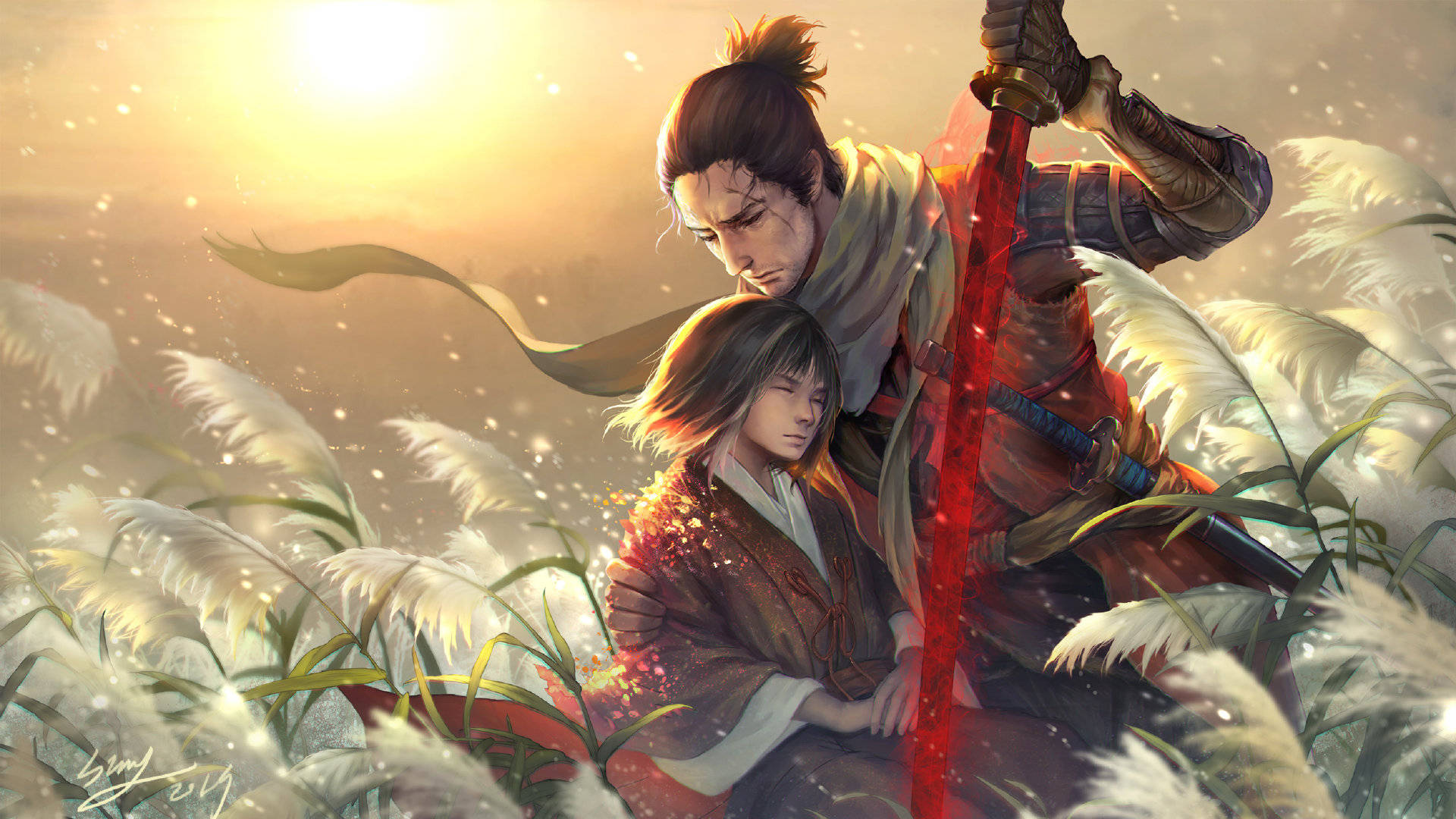武士用發光的劍在蘆葦中保護女孩，金色夕陽。