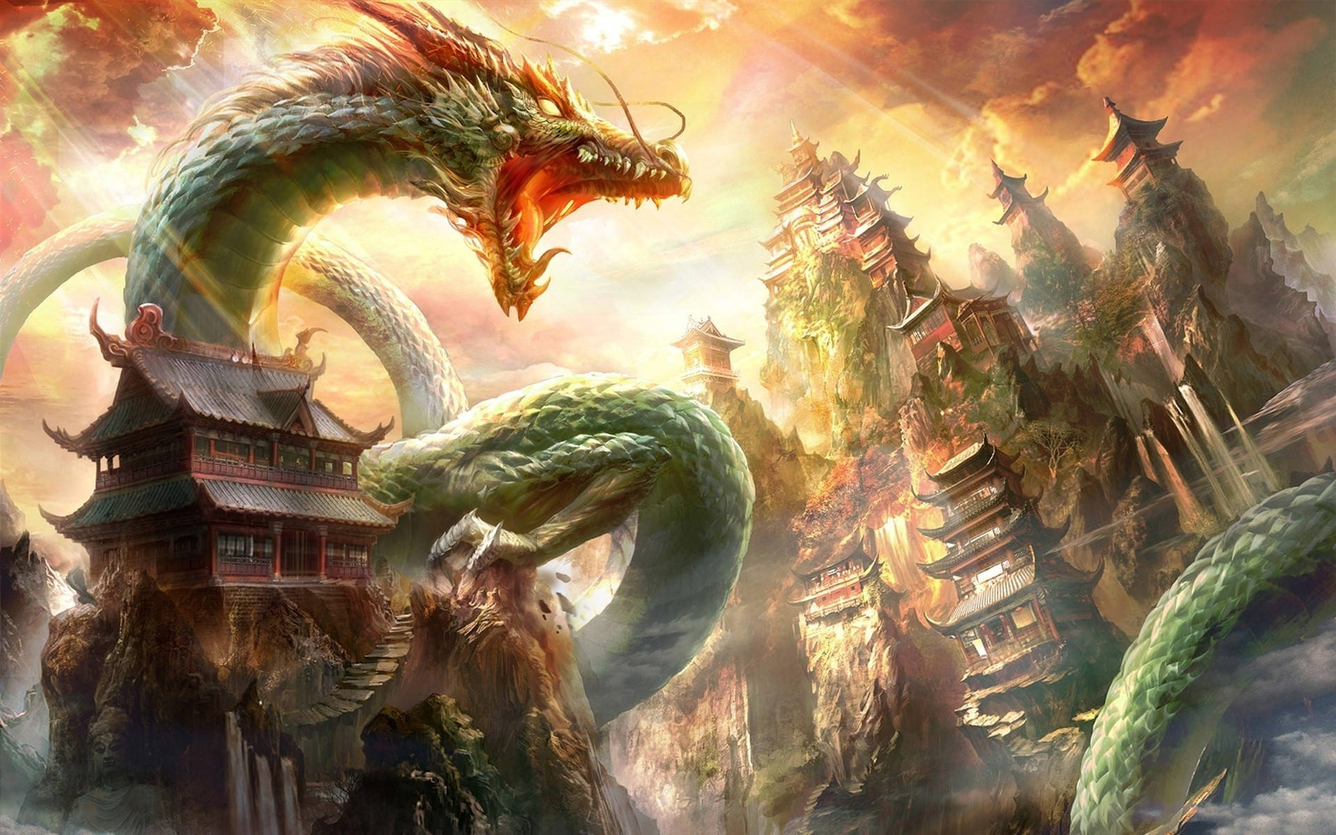 雄偉中國龍盤旋於神話宮殿之上 壁紙 — 一條巨大的綠色龍盤繞在霧氣繚繞的山峰上的古老亞洲寺廟周圍，天空燃燒著夕陽。