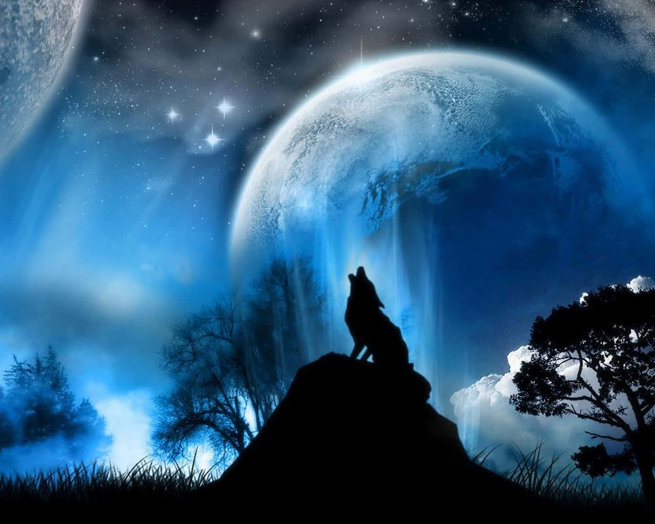狼在星空下向著外星行星嚎叫