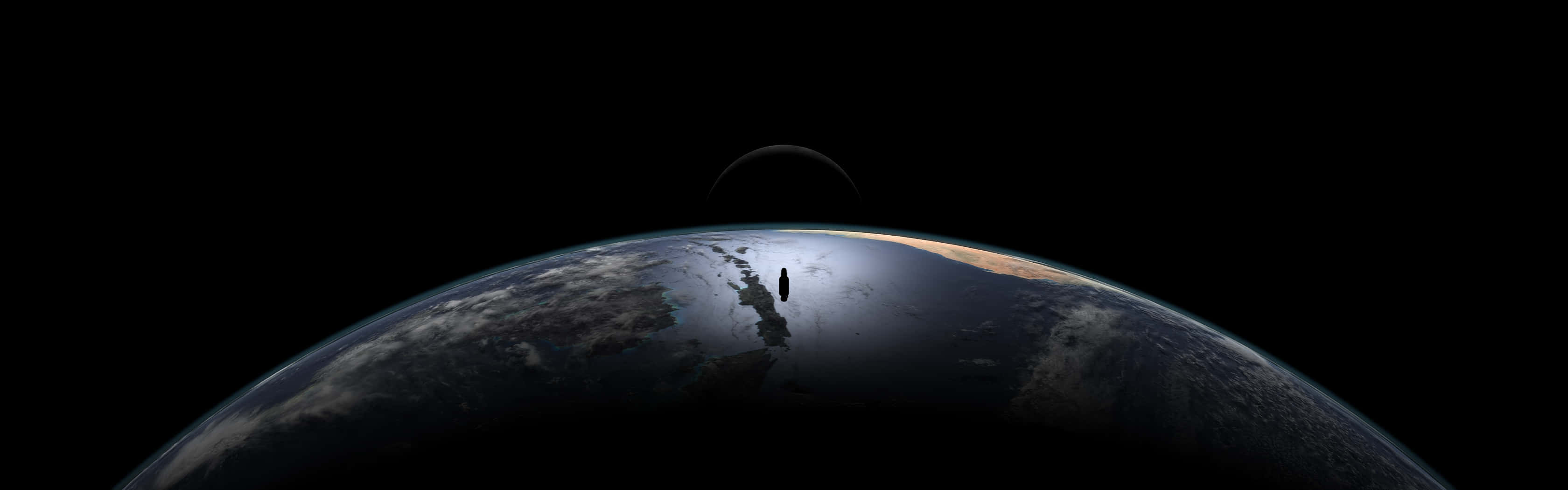 太空船以剪影形式呈現，背景為地球和太空中的新月。