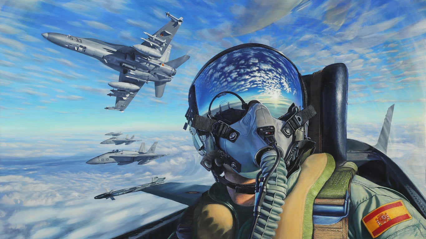 雄偉巨型客機翱翔天際（1366x768 背景） 壁紙 — 一名戰鬥機飛行員在駕駛艙內向前凝視，他的中隊在明亮的藍天下以編隊飛行在蓬鬆的白雲之上。