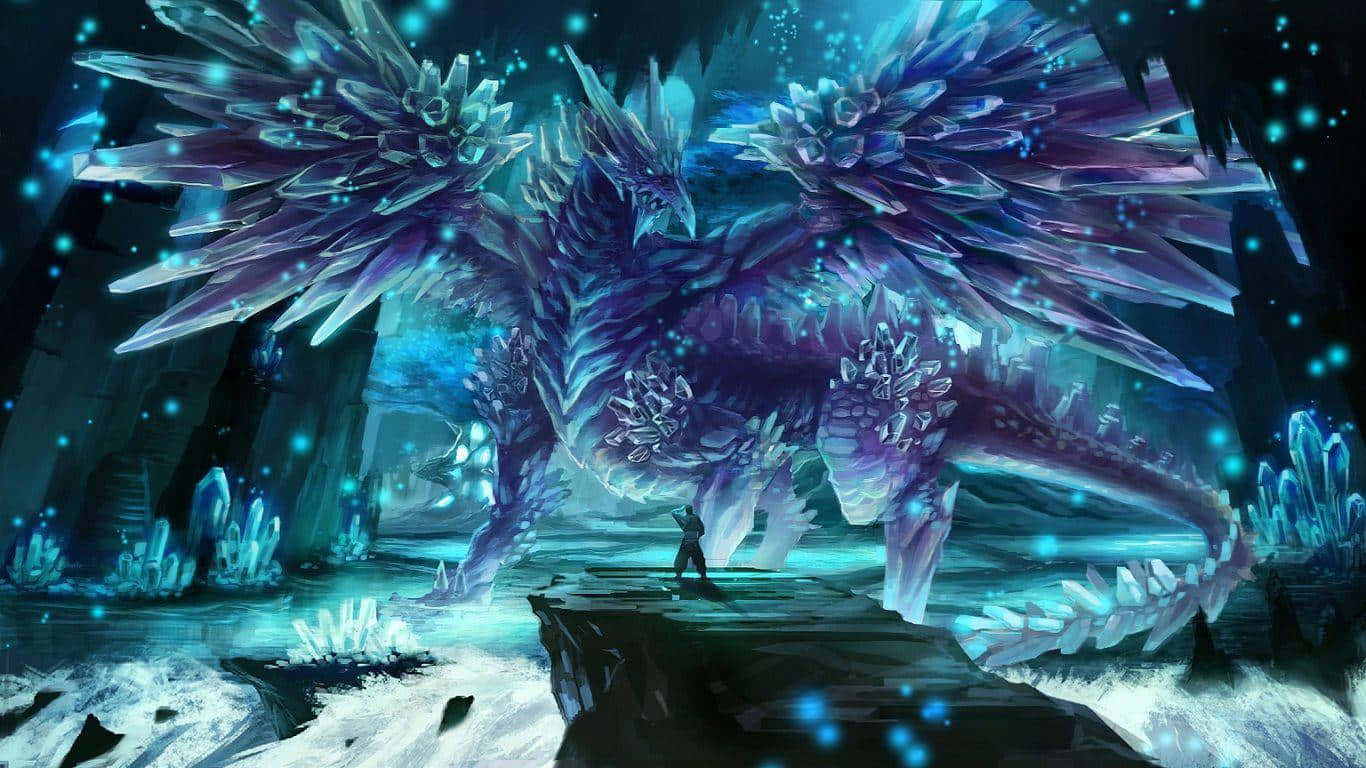 雄偉巨龍翱翔雲端城堡 壁紙 — 一個孤獨的身影站在一個洞穴般的冰域中，面對著一隻散發藍色和紫色光芒的巨大水晶龍。