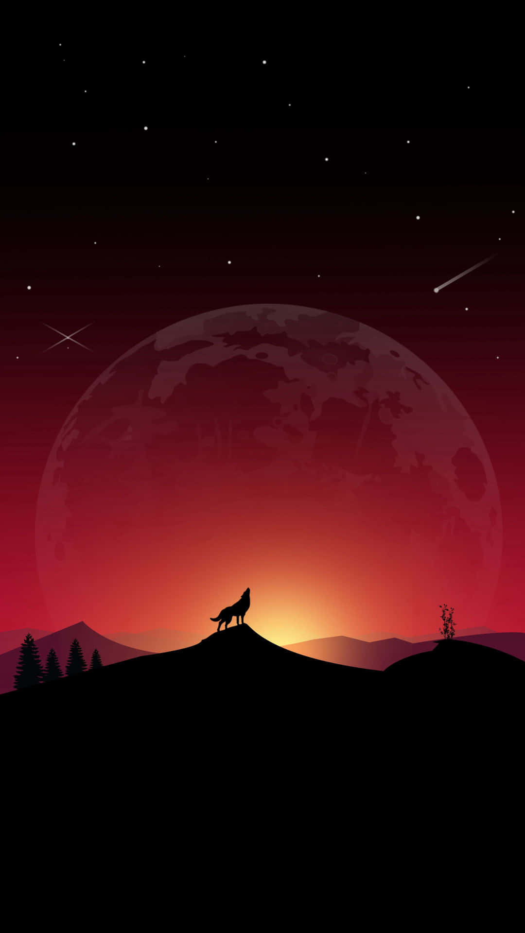 狼在紅月亮和星星下的山丘上嚎叫