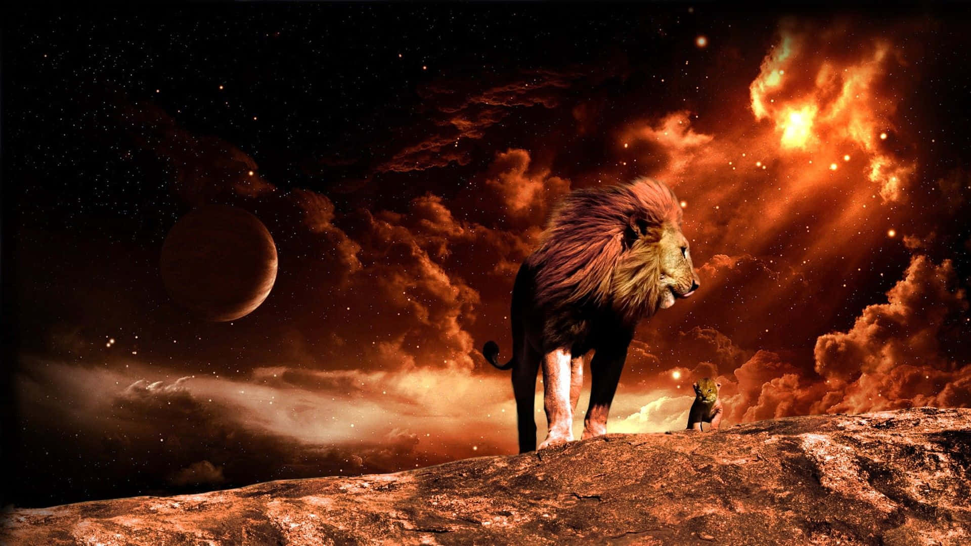 一頭獅子在懸崖上俯瞰著熾熱的外星天空，有星星和行星。