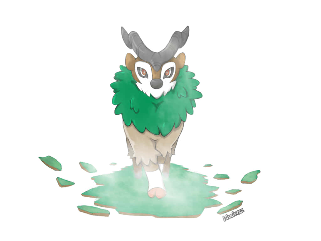 雄偉的Gogoat穿行於生機盎然的森林 壁紙 — 一個風格化的動漫生物，有灰色角和綠色葉子領，站在發光的綠色區域上，周圍散落著葉子。