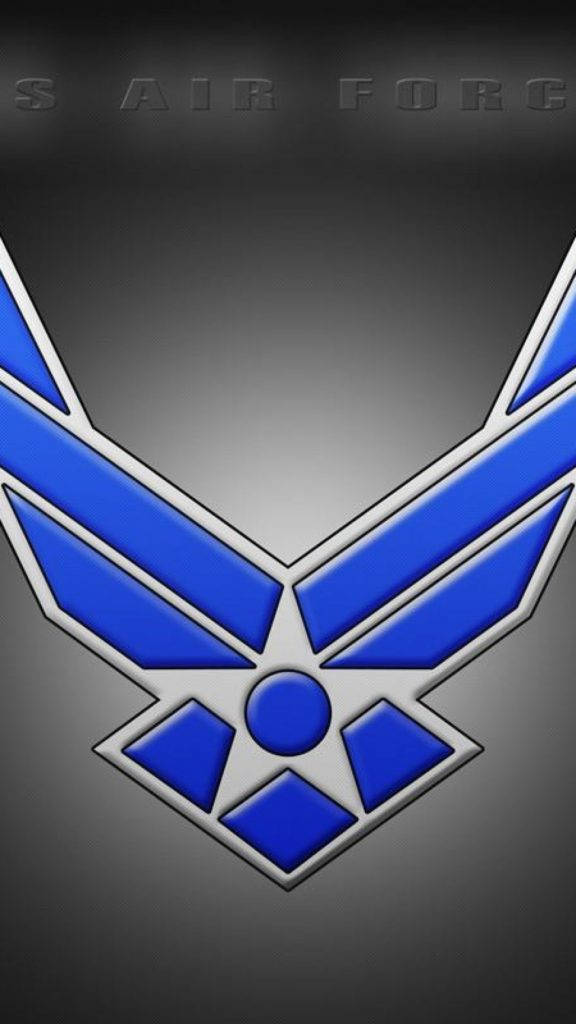 雄偉的天空戰士：空軍戰機編隊飛行 壁紙 — 一個大膽的藍色和銀色美國空軍標誌，居中在漸變灰色背景上，上方有浮雕文字。