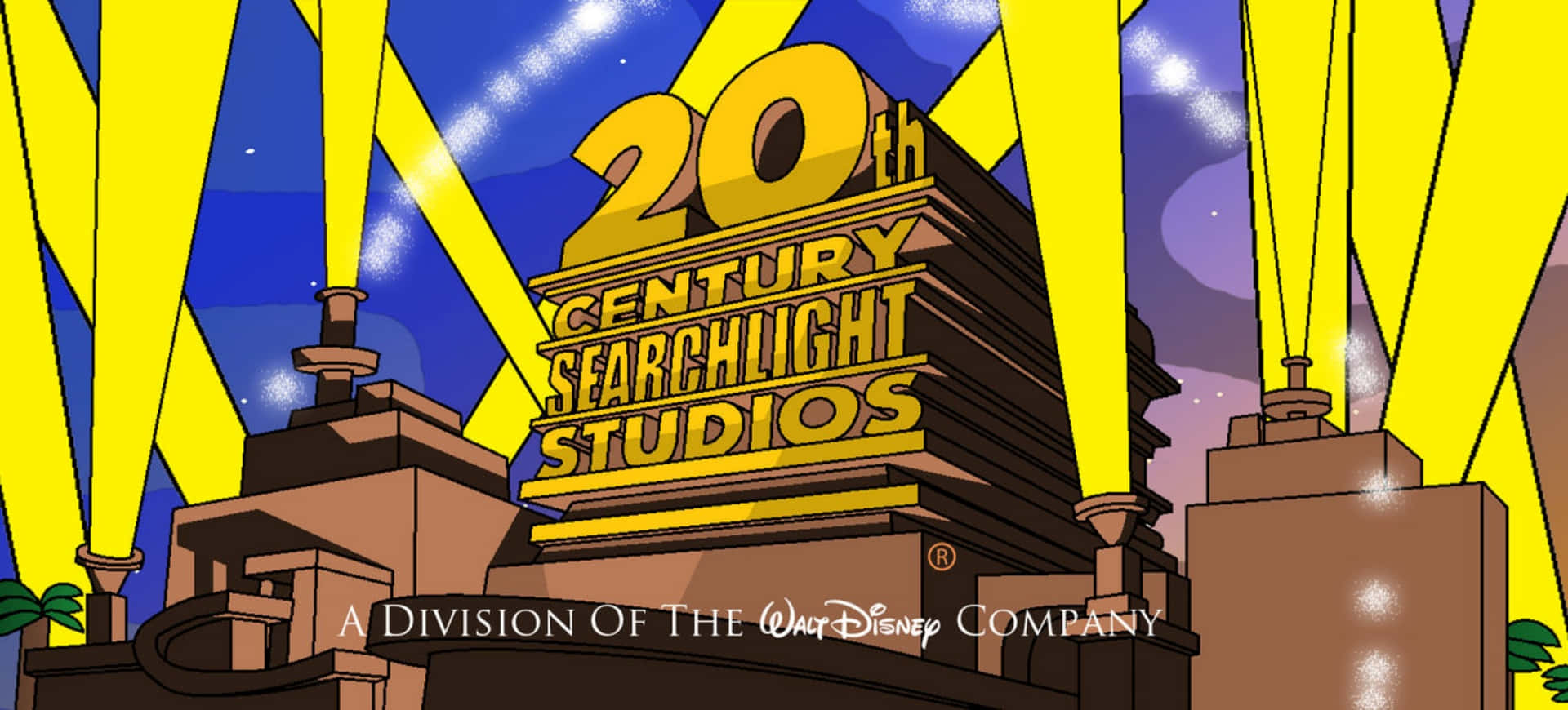 夜間帶有黃色聚光燈的 20th Century Searchlight Studios 標誌。
