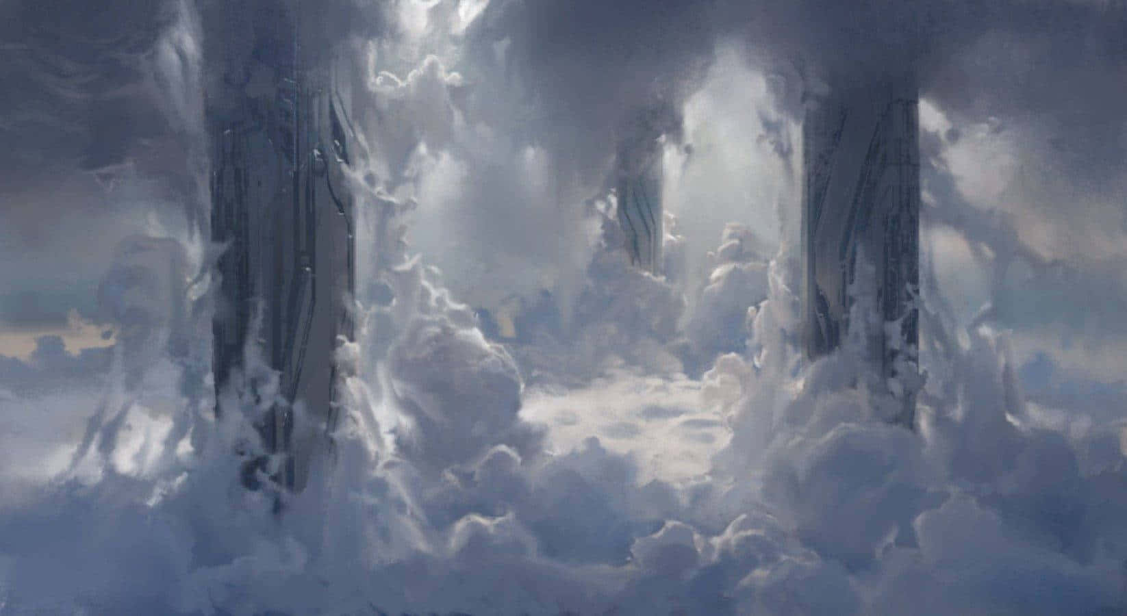 Halo Infinite 桌布 壁紙 — 雄偉的摩天大樓刺穿旋轉的雲層，在柔和暮光中呈現戲劇性的城市天際線。