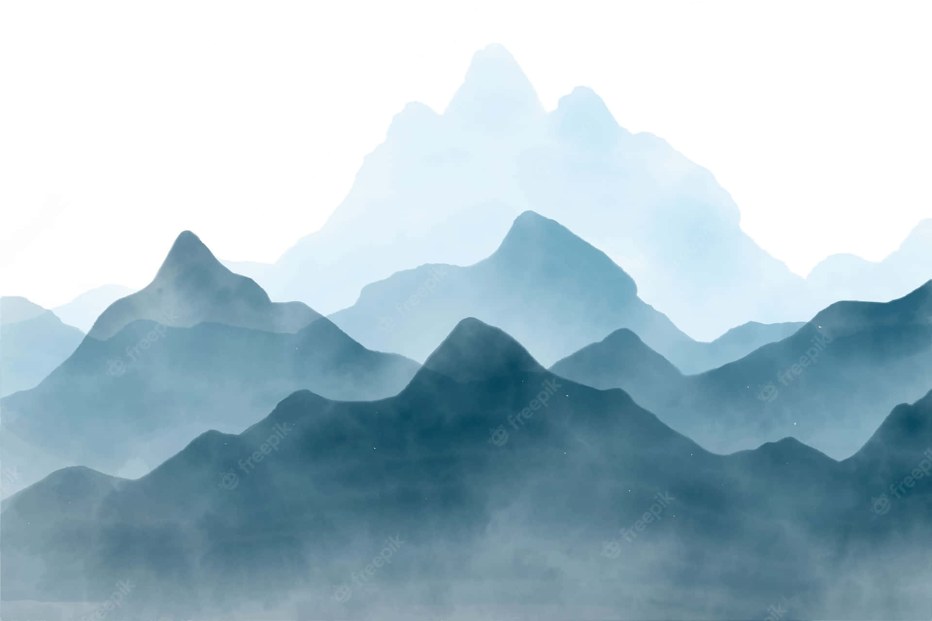 在柔和晨光中層疊的迷濛藍色山脈，山峰逐漸淡出。