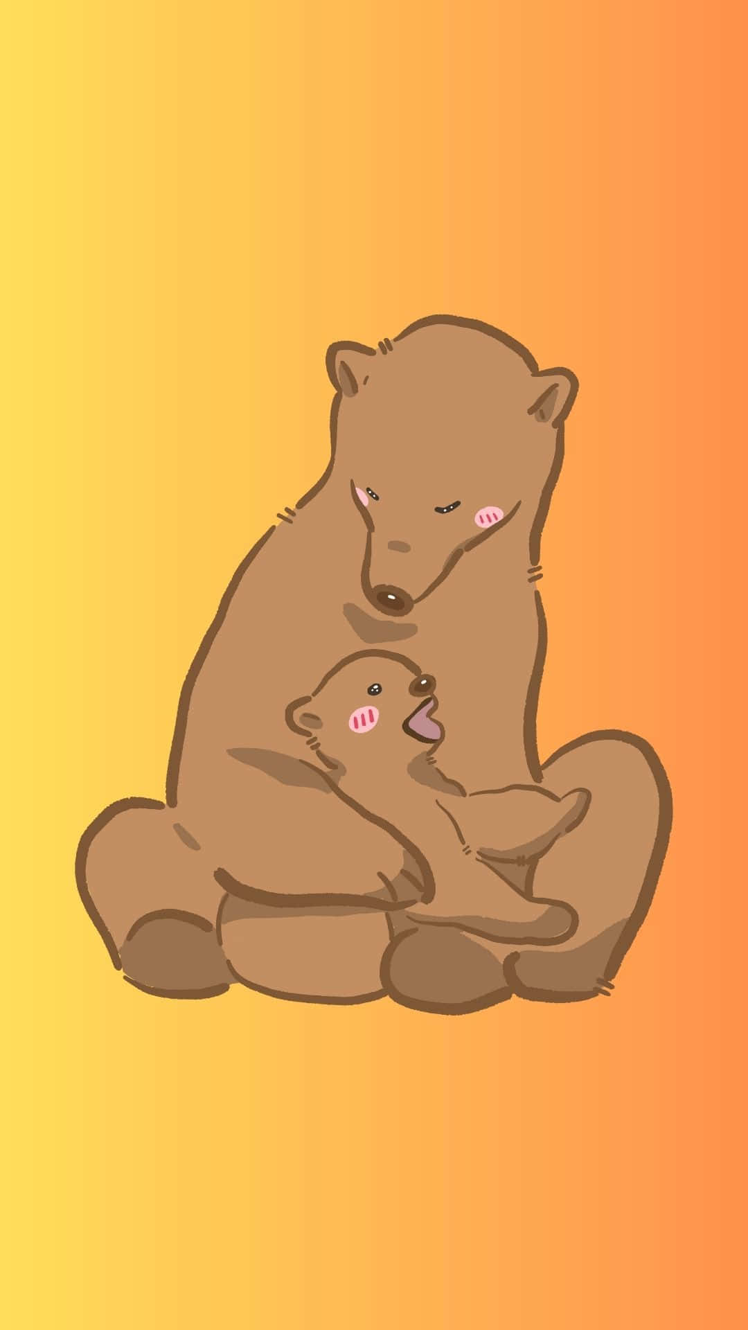 雄偉的野生動物——自然棲息地中的強壯棕熊 壁紙 — 一個可愛的卡通熊媽媽在溫暖的漸變日落背景下輕輕地抱著她的幼崽。