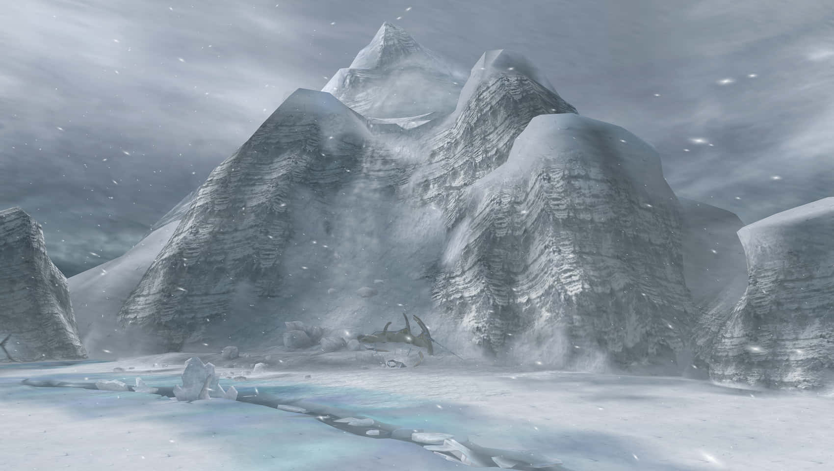 雄偉的雪山 壁紙 — 一條孤獨的龍在暴風雨灰濛濛的天空下，冰封在高聳的冰山腳下的雪地裡。