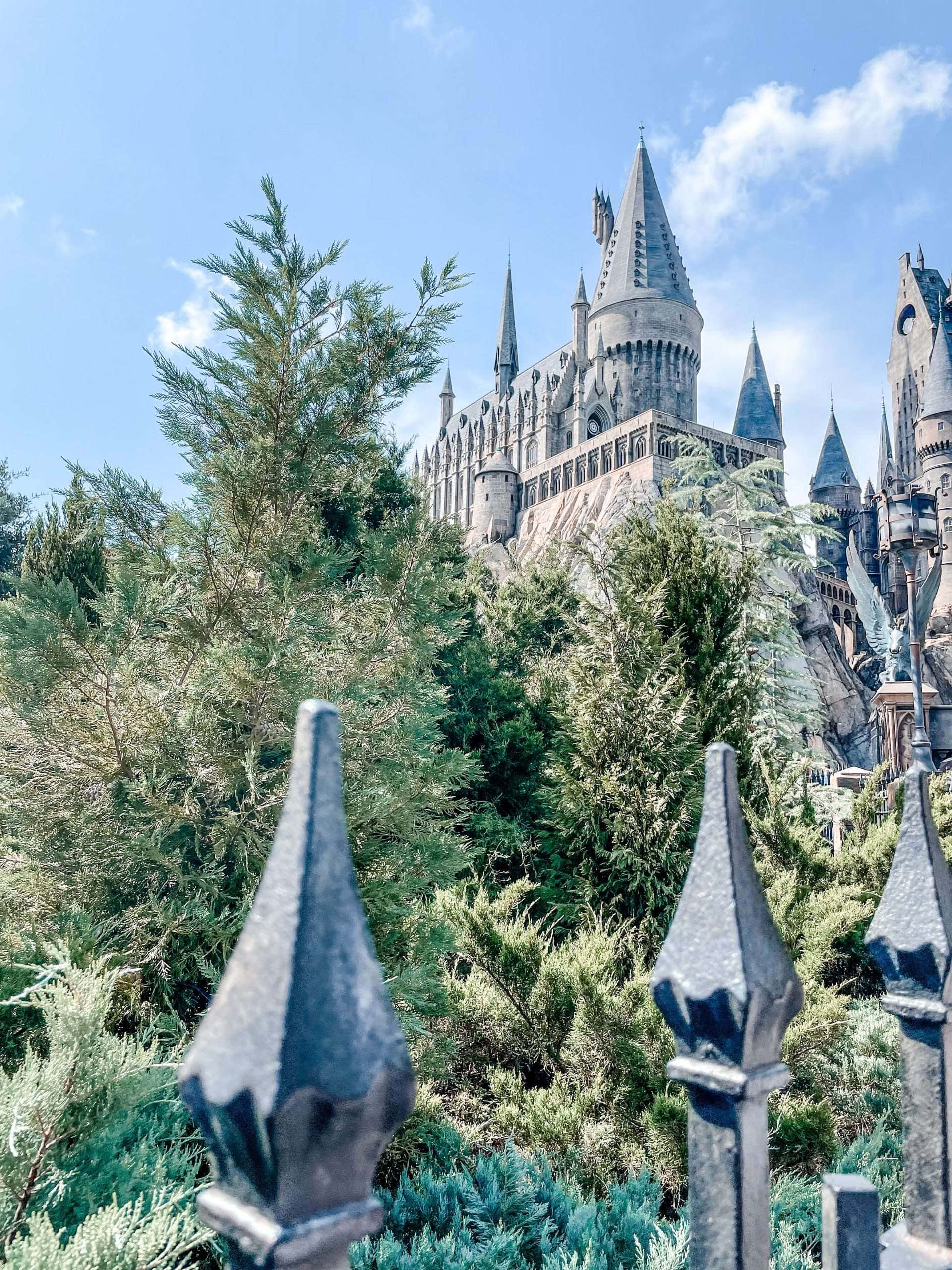 Wizarding World 桌布 壁紙 — 雄偉的霍格華茲城堡聳立在茂密的綠樹之上，襯著明亮的藍天和蓬鬆的白雲。