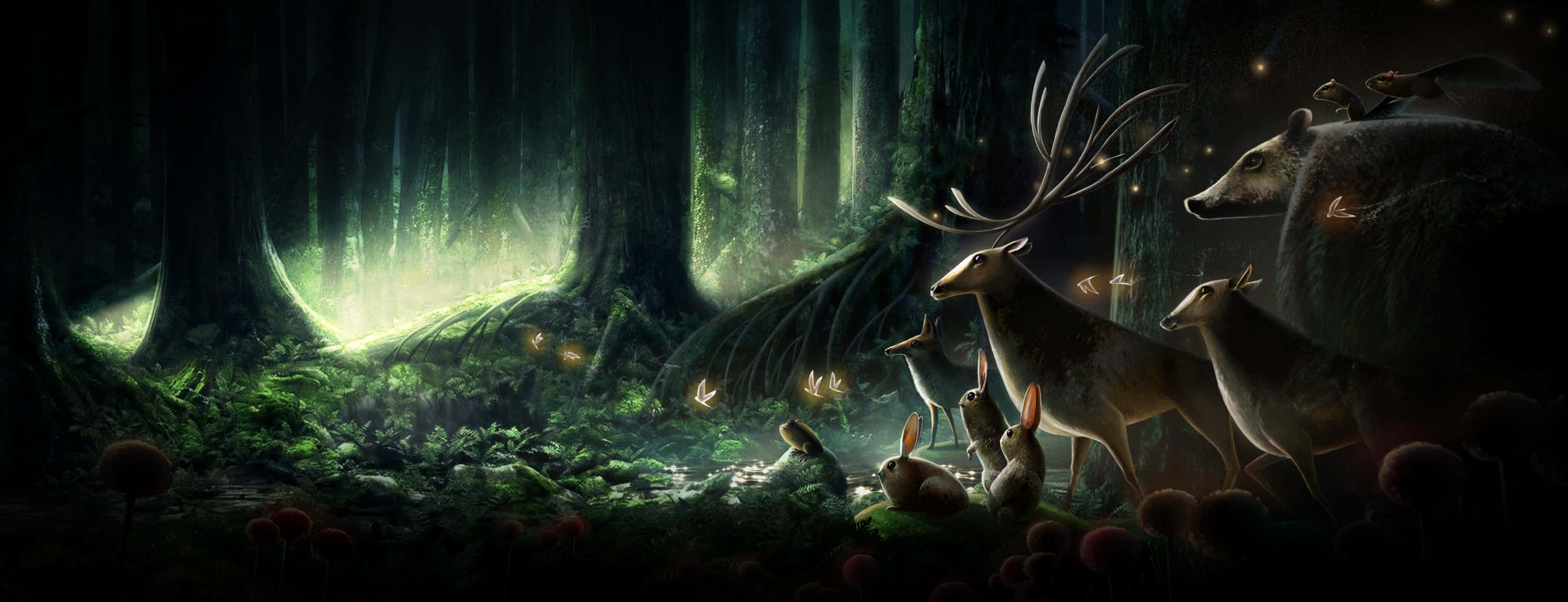 Magical Forest 桌布 壁紙 — 雄偉的鹿和兔子聚集在神秘的森林中，沐浴在發光蘑菇和古樹散發的空靈綠光中。