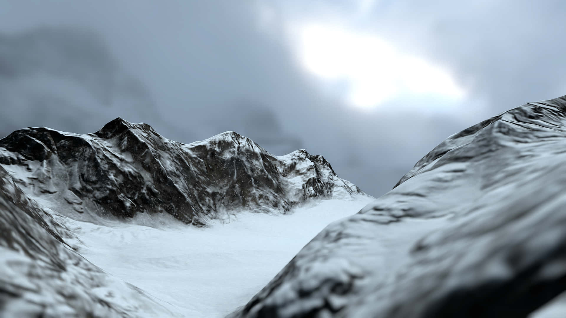 雄偉雪山群峰 壁紙 — 積雪的山峰刺穿沉重的灰色天空，柔和的光線穿過雲層。