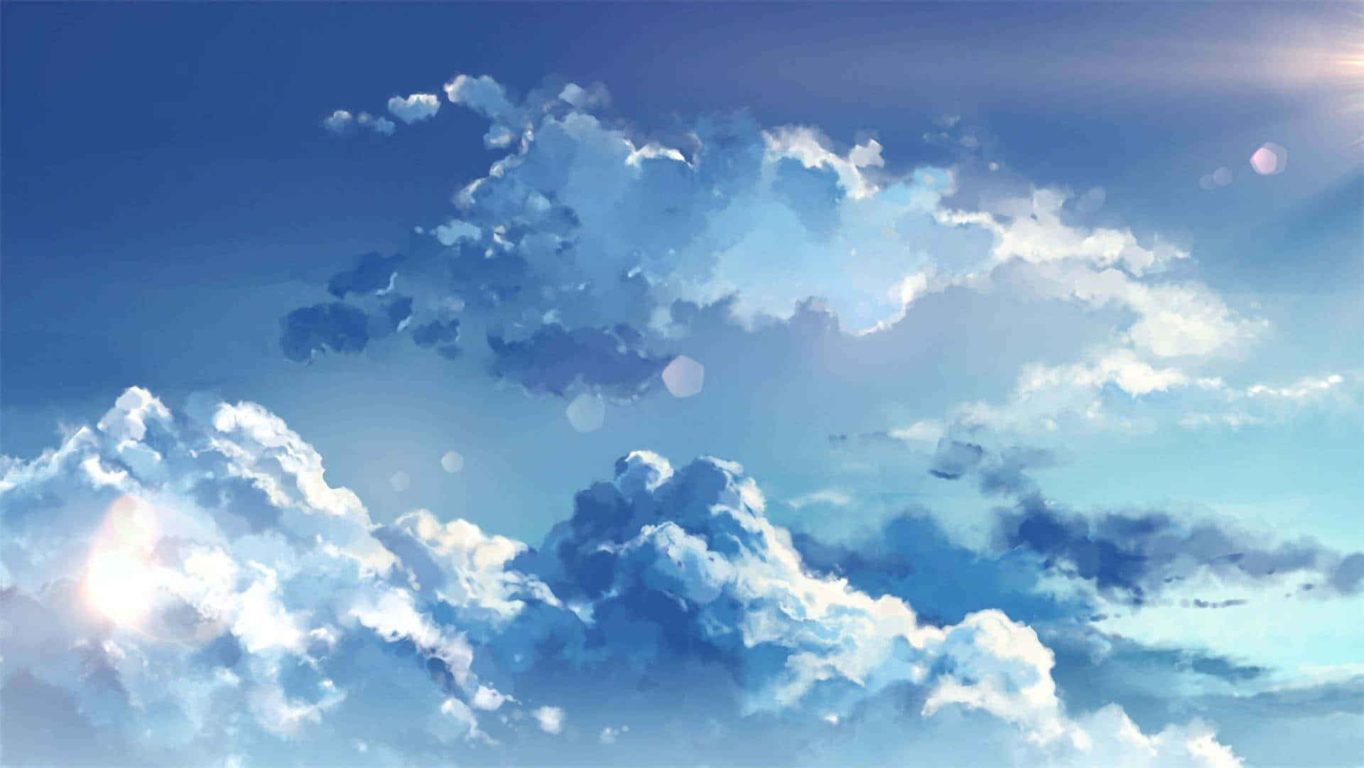 寧靜的天空，蓬鬆的白雲和柔和陽光穿透其中。