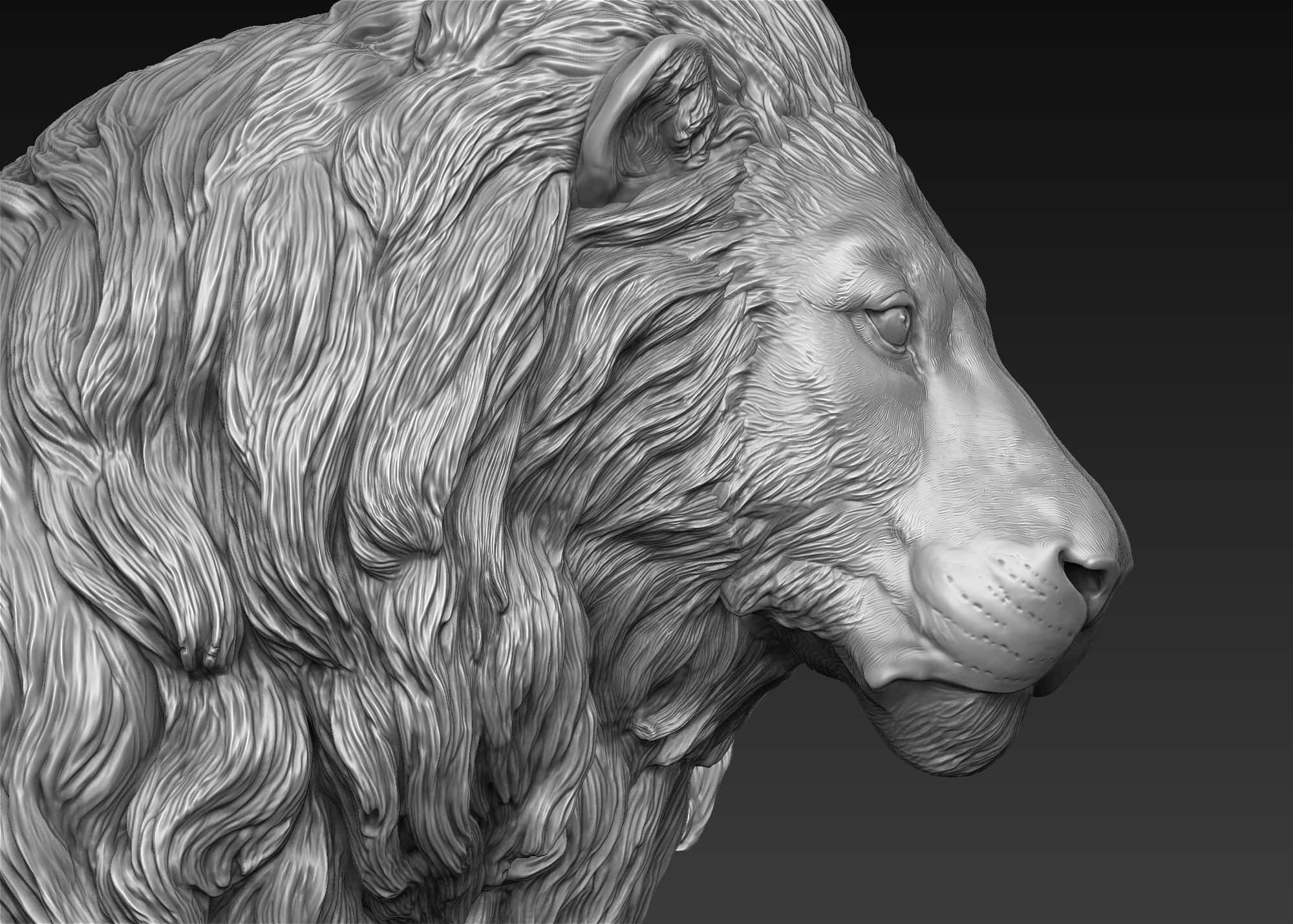 雄獅頭像：自然的威嚴 壁紙 — 一個詳細的灰階3D渲染獅子頭部側面，展示紋理鬃毛和莊嚴表情，背景為深色漸變。