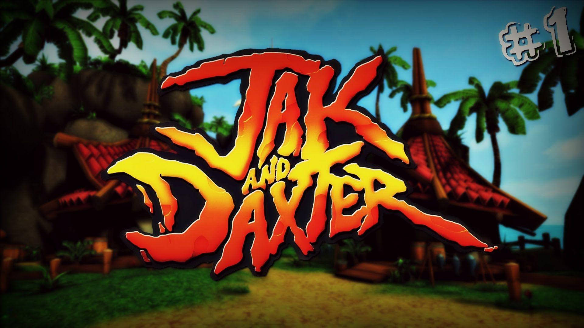 Jak and Daxter 遊戲標誌以火橙色和黃色呈現於熱帶村莊場景之上。