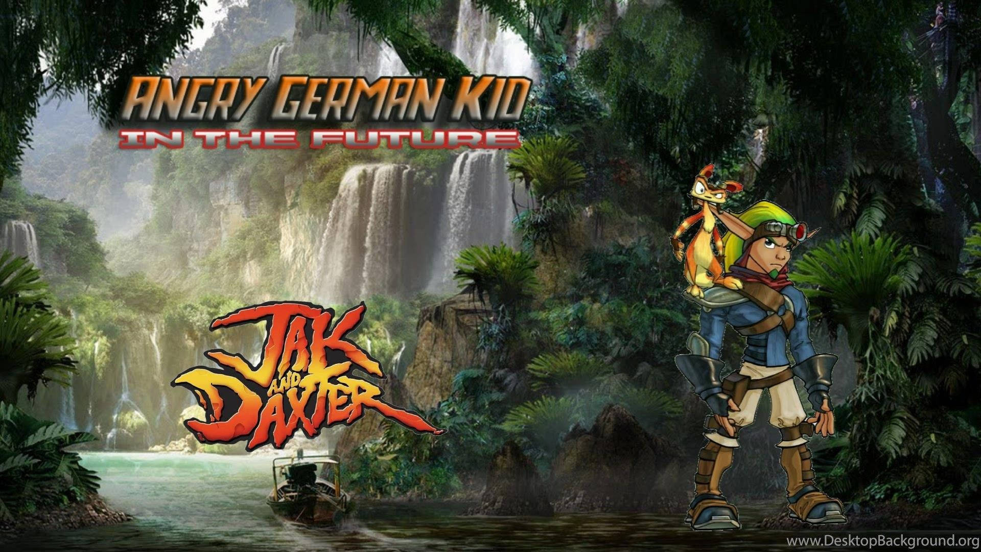 Jak 和 Daxter 在一個有瀑布和河船的叢林中。