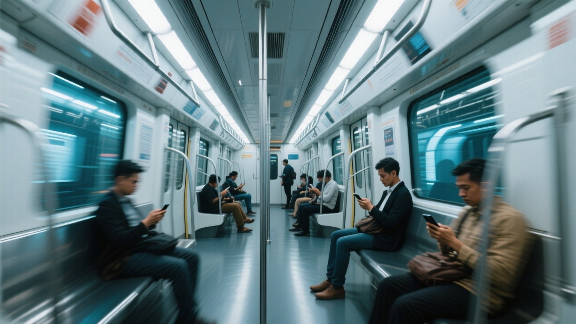 人們坐在地鐵列車上，在動態模糊的乘車過程中看手機