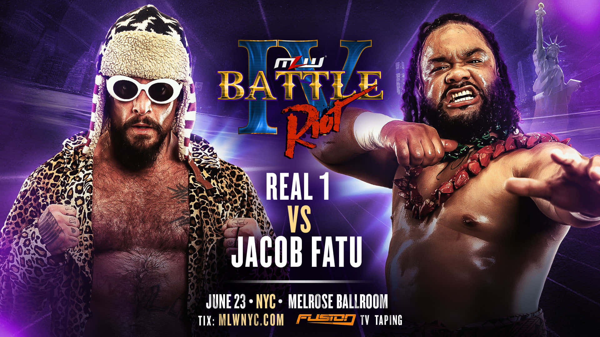 雅各布·法圖對決Real 1 Major League Wrestling 壁紙 — 兩名肌肉發達的摔角手在紫色燈光背景下，以自由女神像和活動文字為特色，擺出強烈的姿勢。