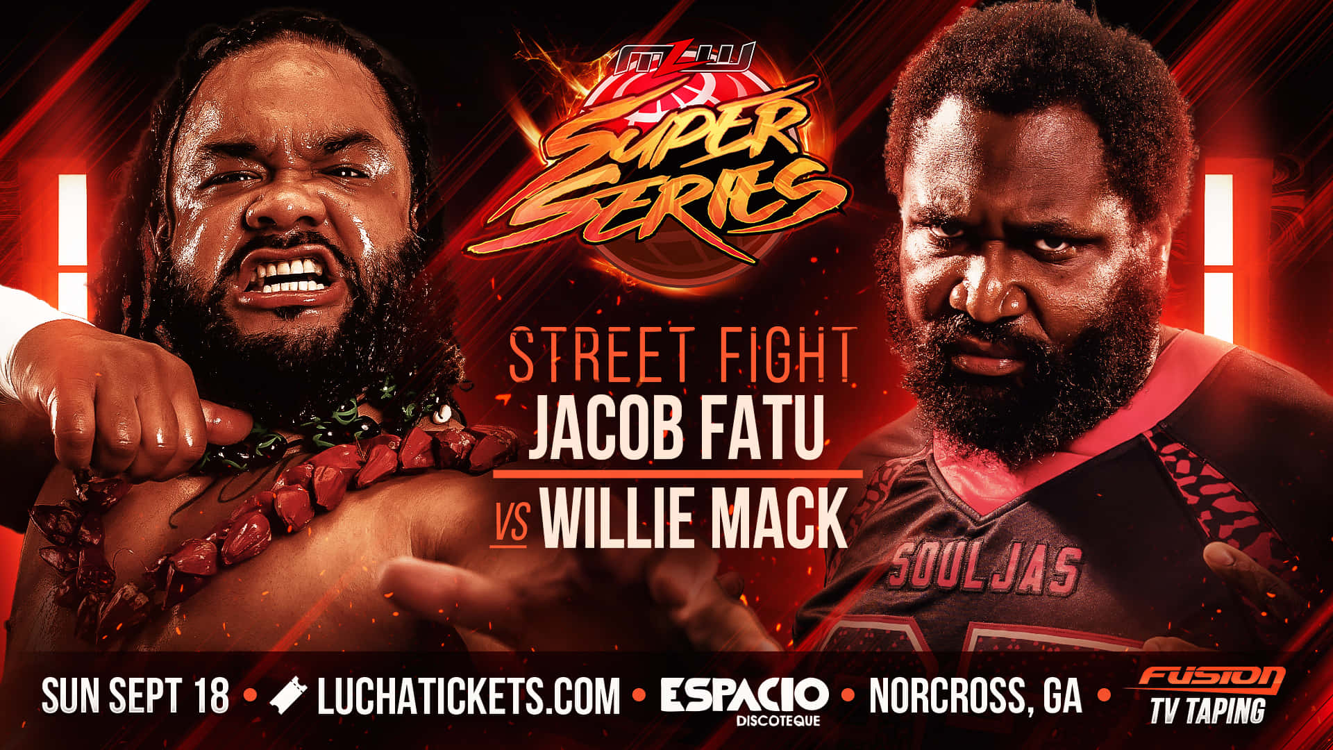 雅各布·法圖對決Willie Mack Major League Wrestling 壁紙 — 兩位激烈的摔角手 Jacob Fatu 和 Willie Mack 在一個火紅燈光的街頭格鬥活動宣傳海報中對峙。