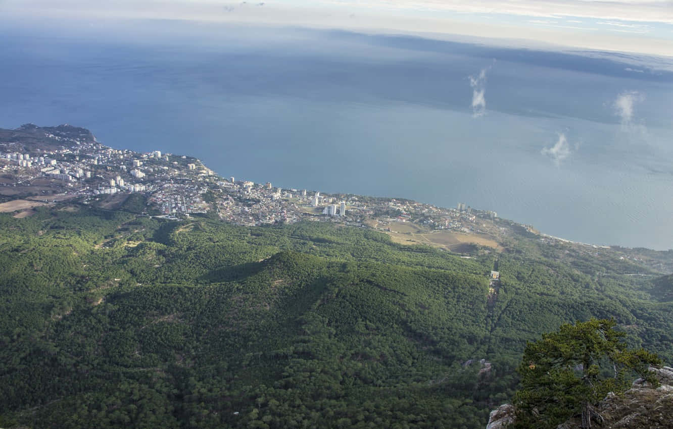 雅爾塔海岸線鳥瞰圖 壁紙 — 鳥瞰圖：一座沿海城市坐落在鬱鬱蔥蔥的綠色山丘中，旁邊是廣闊的藍色大海，天空多雲。