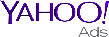 雅虎廣告標誌 壁紙 — 黑色背景上帶有灰色文字「Ads」的醒目紫色Yahoo!標誌。