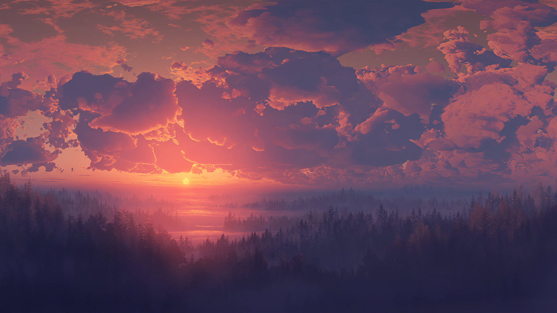 雅虎森林日落 壁紙 — 寧靜的夕陽將天空染成火橙色和深紫色，雲彩在霧氣瀰漫的森林和河流上方發光。