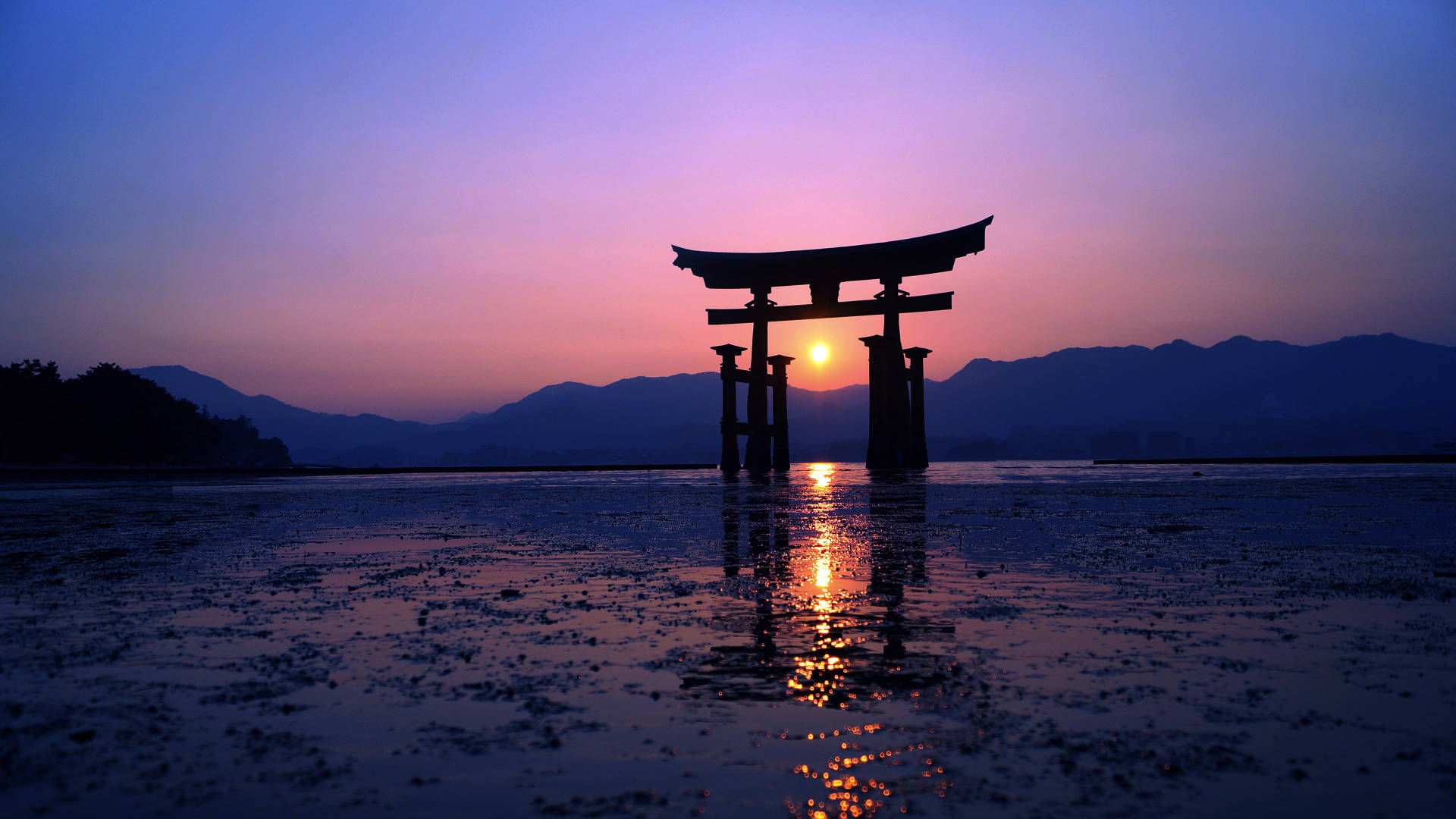 雅虎鳥居門 壁紙 — 一座宏偉的鳥居在淺水中呈現剪影，夕陽在其後落下，將溫暖的光芒和倒影投射在濕潤的水面上。
