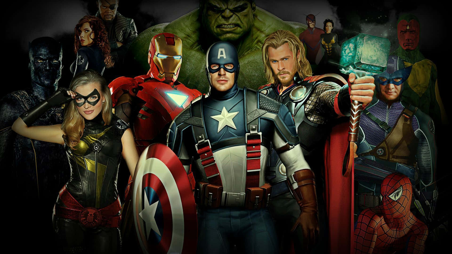 一組Marvel超級英雄以標誌性武器和服裝擺出動作姿勢。