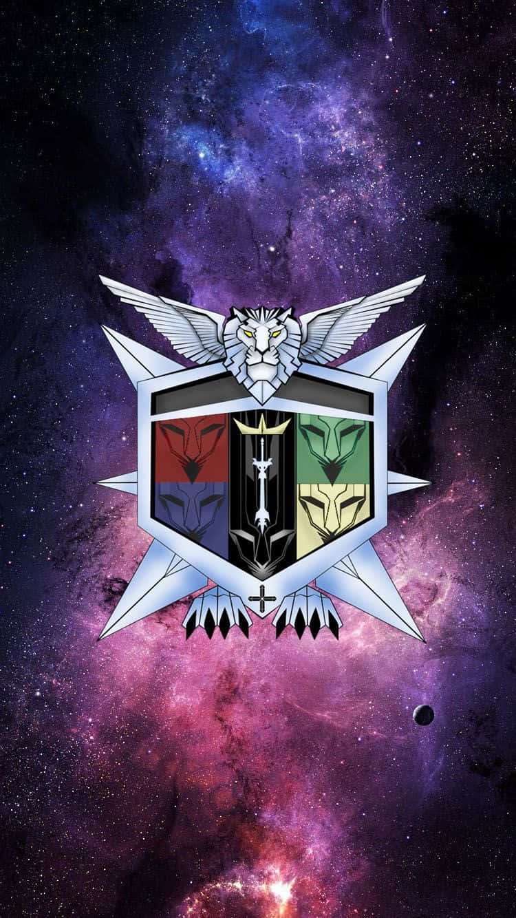 一個科幻風格的盾牌徽章，帶有獅子紋章，背景是色彩繽紛的宇宙星雲。