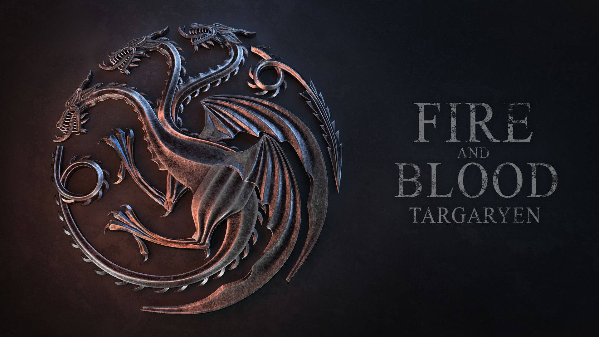 三頭龍徽章，帶有「Fire and Blood Targaryen」文字，背景為深色。
