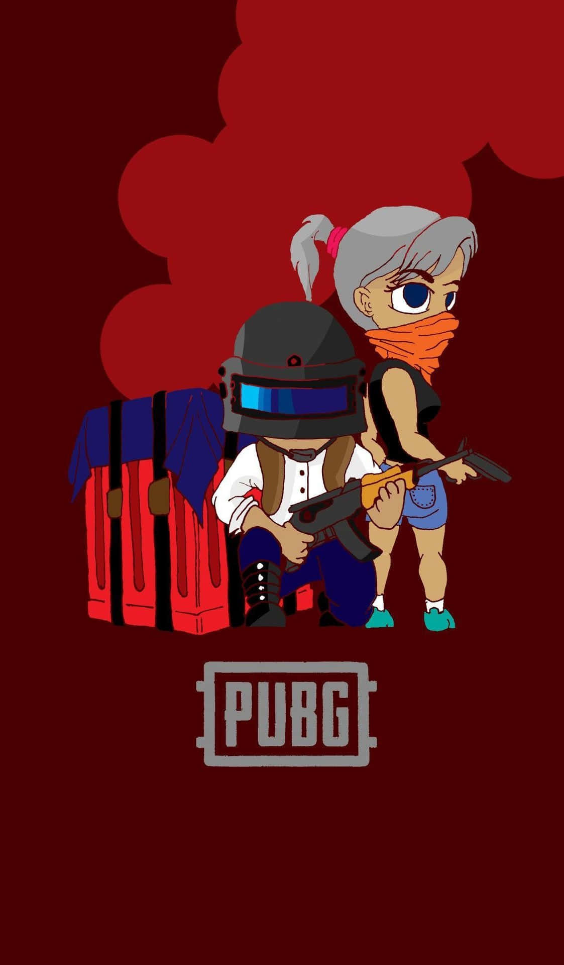 兩個身穿PUBG裝備的卡通玩家蹲在板條箱後面，背景有煙霧。