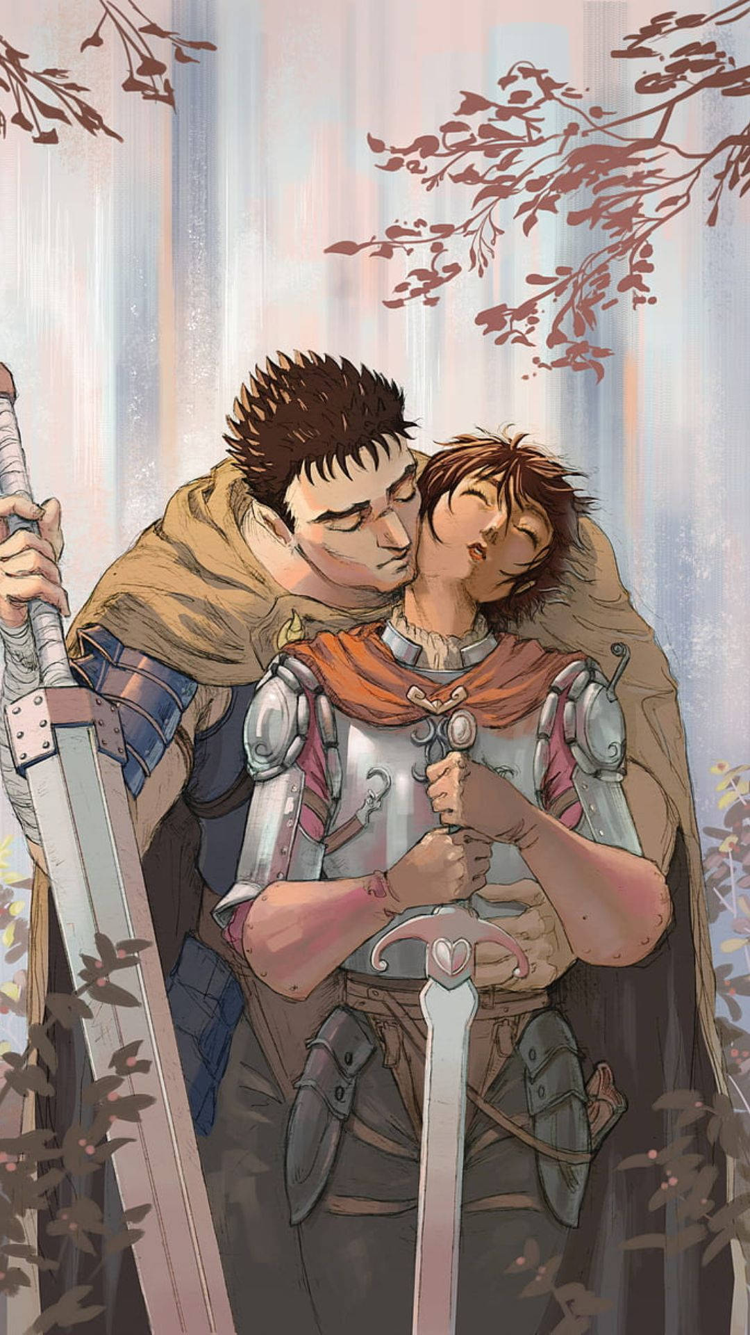 雙劍士動漫擁抱 壁紙 — 兩名身穿鎧甲的戰士在柔和的秋枝下溫柔擁抱，劍放在身旁。